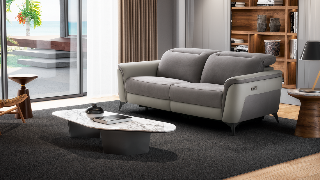 sofa relax em tecido e pele