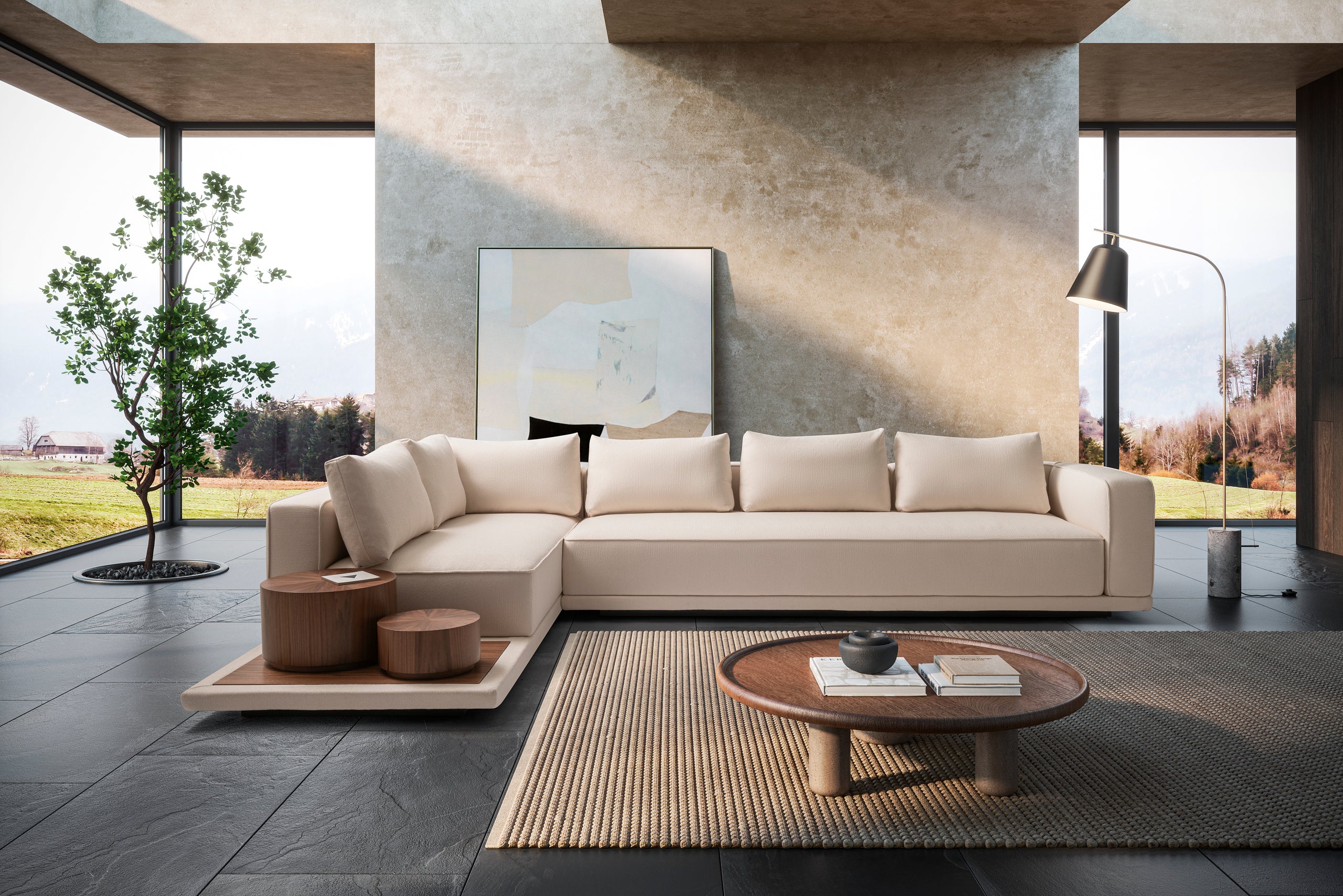 Meridiano Edmond em tecido e pele com rodapé em madeira1621243260e1af0c20-0