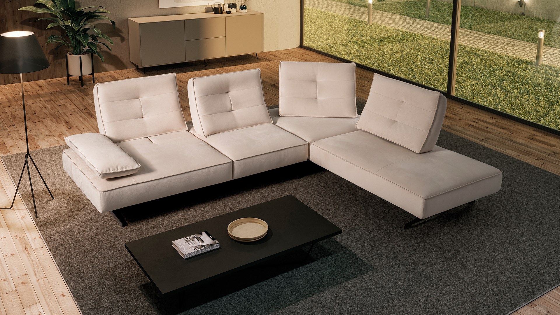 sofá de canto com costas de avanço e recuo 