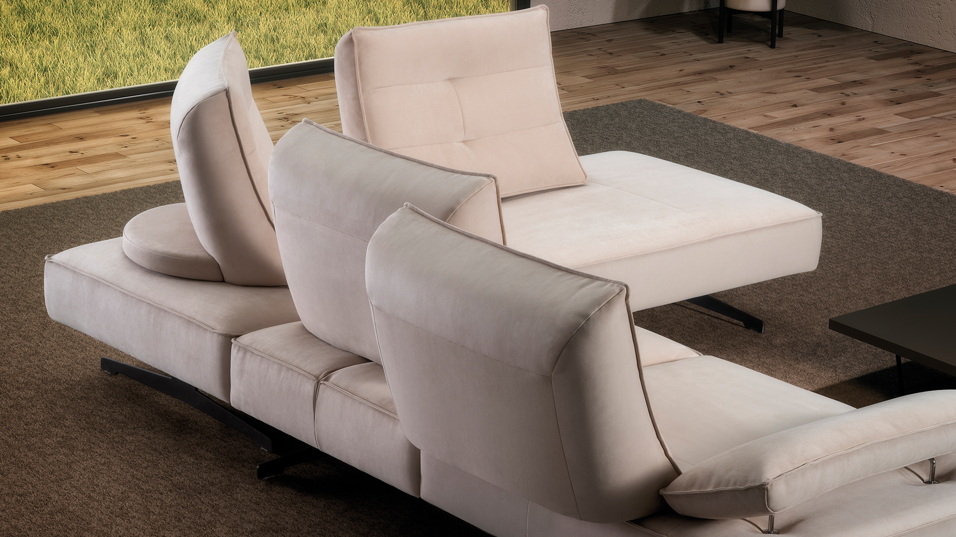 sofá de canto com costas de avanço e recuo 